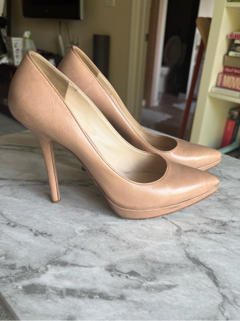 Prada Beige Leather Pointed-Toe Stiletto Platform Pumps size 37.5